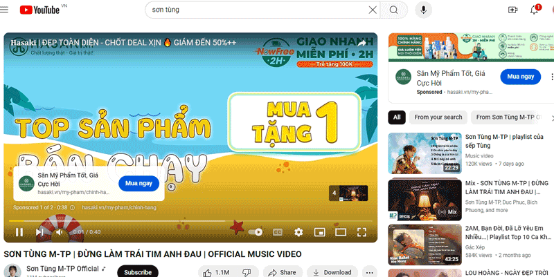 Đoạn đầu video của Sơn Tùng xuất hiện quảng cáo